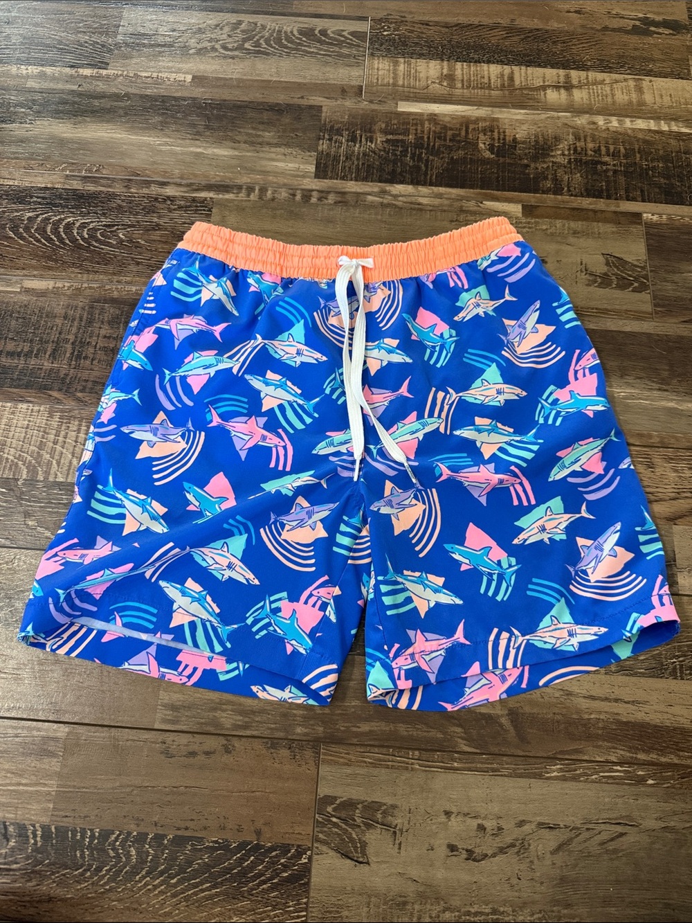 chubbies Blue Shark Swim Trunks with Coral Waistband